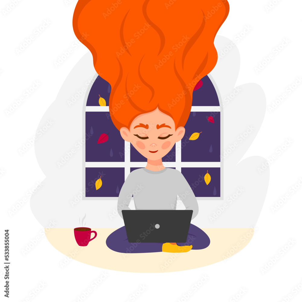 Redhead woman is drinking a cup of tea or coffee and working on laptop by window with autumn leaves. Fall season lifestyle. Flat vector illustration. Redhead woman is drinking a cup of tea or coffee and working on laptop by window with autumn leaves. Fall season lifestyle. Flat vector illustration.