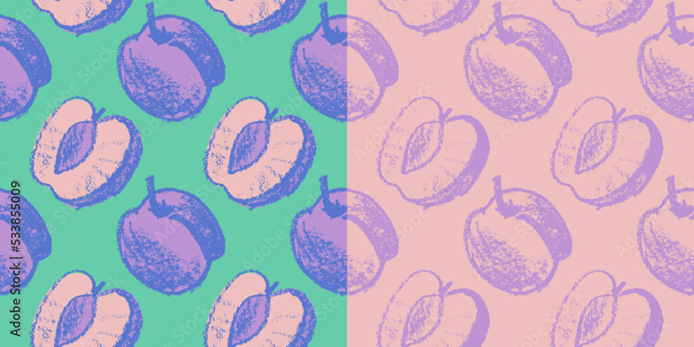 Vector Prune pattern seamless for vegan banner, diary backdrop. Hand drawn plum background. Wallpaper for baby food packaging, juice label design. Violet French plum pattern for organic jam package. Vector Prune pattern seamless for vegan banner, diary backdrop. Hand drawn plum background. Wallpaper for baby food packaging, juice label design. Violet French plum pattern for organic jam package.