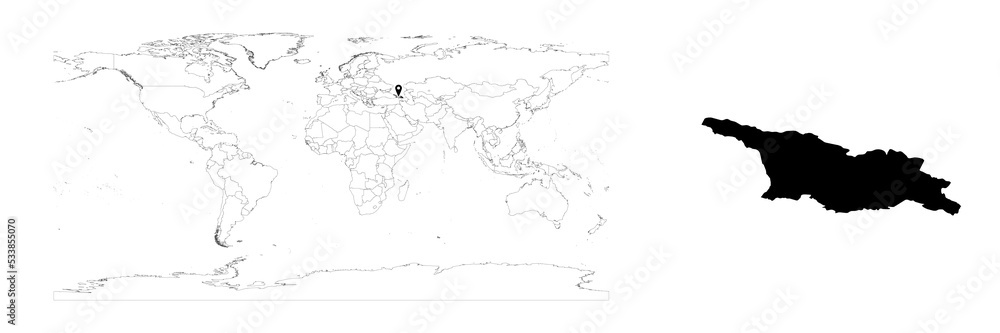 Vector Georgia map showing country location on world map and solid map for Georgia on white background. File is suitable for digital editing and prints of all sizes.