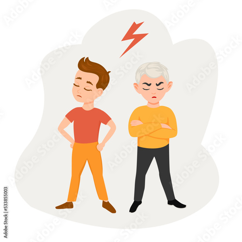 Two boys in a quarrel. Conflict between friends. Offensive behavior. Vector cartoon illustration