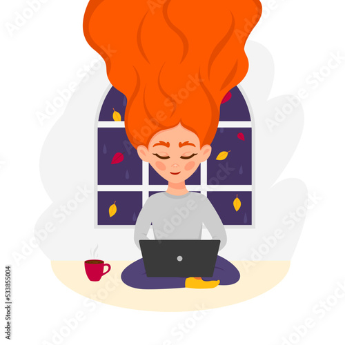 Redhead woman is drinking a cup of tea or coffee and working on laptop by window with autumn leaves. Fall season lifestyle. Flat vector illustration.