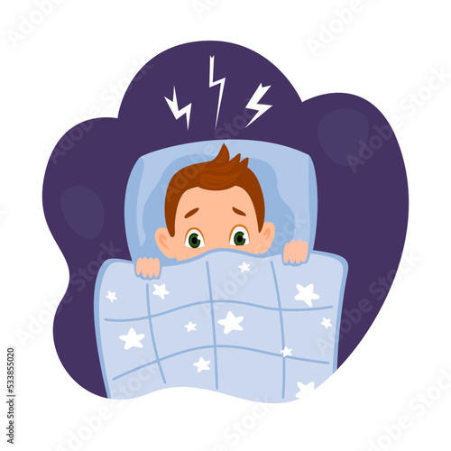 Boy pulling blanket and afraid. Male character having insomnia because of bad dreams and nightmares. Thoughts in head. Cartoon character in flat style vector