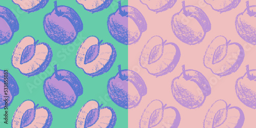 Vector Prune pattern seamless for vegan banner, diary backdrop. Hand drawn plum background. Wallpaper for baby food packaging, juice label design. Violet French plum pattern for organic jam package.