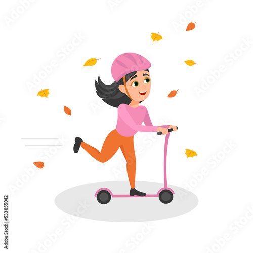 Cute little girl riding scooter and wear helmet. Eco vehicle. Autumn fun. Vector flat character illustration
