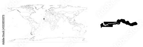 Vector Gambia map showing country location on world map and solid map for Gambia on white background. File is suitable for digital editing and prints of all sizes.