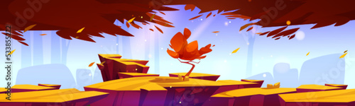 Cartoon autumn landscape lonely tree growing on rocks. Nature background, game scene with yellow grass, falling leaves trees and rocks under falling sun rays, scenery natural Vector illustration