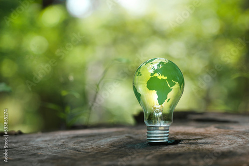 Renewable Energy.Environmental protection, renewable, sustainable energy sources. Green world map on the light bulb on green background .green energy. Renewable energy is important to the world