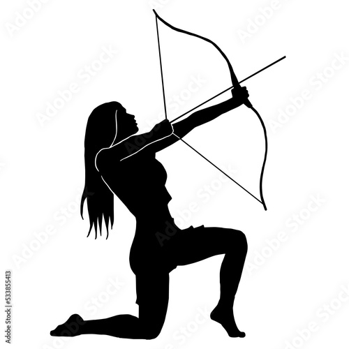 Archer Silhouette, Female Warrior Character Design. Silhouette girl archer in a dynamic style and pulls an arrow ready to shoot, Amazon female warrior, leather armor.
