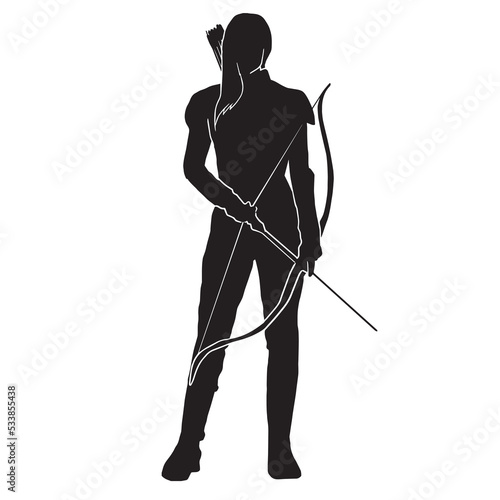 Archer Silhouette, Female Warrior Character Design. Silhouette girl archer in a dynamic style and pulls an arrow ready to shoot, Amazon female warrior, leather armor.