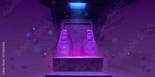 Egypt pyramid, temple pharaoh tomb or treasury interior at night with purple neon illumination, brick wall, statues, hieroglyphs and hatch on ceiling. Cartoon vector background for Egyptian game level