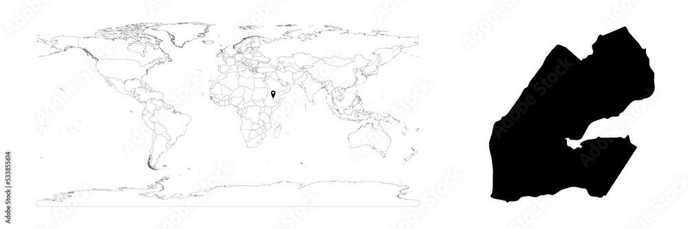 Vector Djibouti map showing country location on world map and solid map for Djibouti on white background. File is suitable for digital editing and prints of all sizes. Vector Djibouti map showing country location on world map and solid map for Djibouti on white background. File is suitable for digital editing and prints of all sizes.