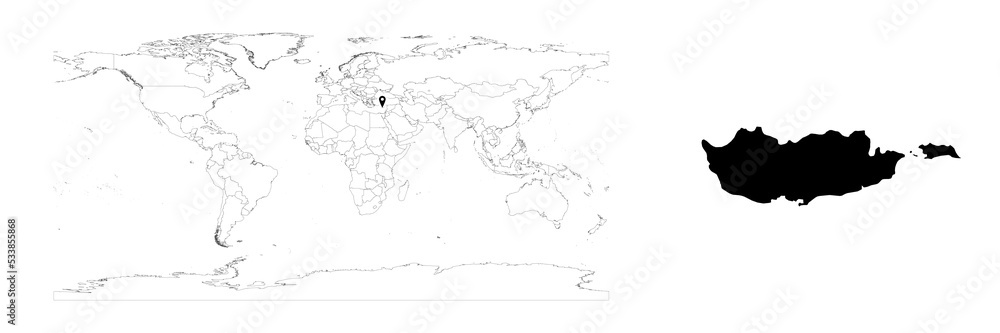 Vector Cyprus map showing country location on world map and solid map for Cyprus on white background. File is suitable for digital editing and prints of all sizes.