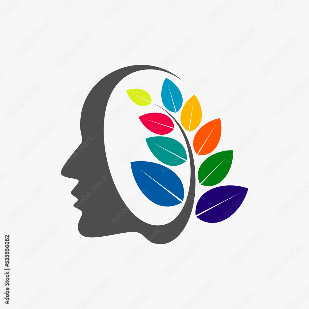 Naklejka premium Human or woman face with leaves stalk behind or back image graphic icon logo design abstract concept vector stock. Can be used as symbol related to beauty or creative brain