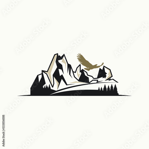 Unique but simple rock mountain with forest and bird image graphic icon logo design abstract concept vector stock. Can be used as symbol related to adventure or landscape