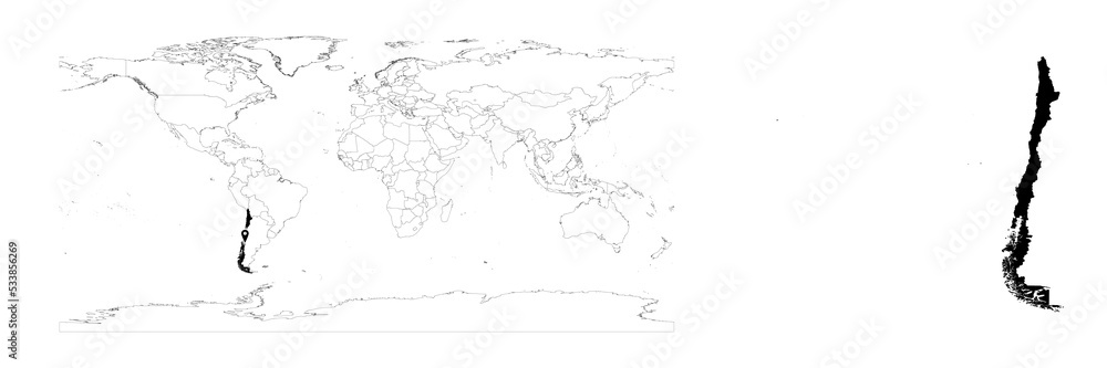 Vector Chile map showing country location on world map and solid map for Chile on white background. File is suitable for digital editing and prints of all sizes.