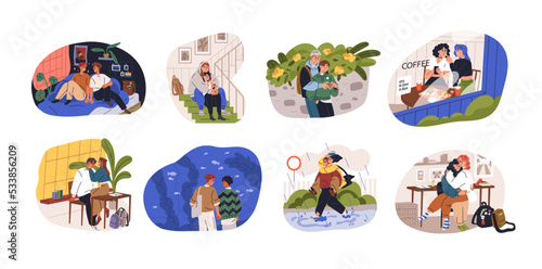 Teens adolescent love set. Teenagers couples in romantic relationships. Happy teenage girls and boys dating. Young students romance. Flat graphic vector illustrations isolated on white background