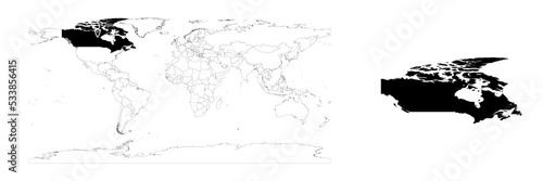 Vector Canada map showing country location on world map and solid map for Canada on white background. File is suitable for digital editing and prints of all sizes.