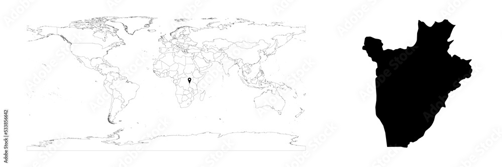 Vector Burundi map showing country location on world map and solid map for Burundi on white background. File is suitable for digital editing and prints of all sizes. Vector Burundi map showing country location on world map and solid map for Burundi on white background. File is suitable for digital editing and prints of all sizes.
