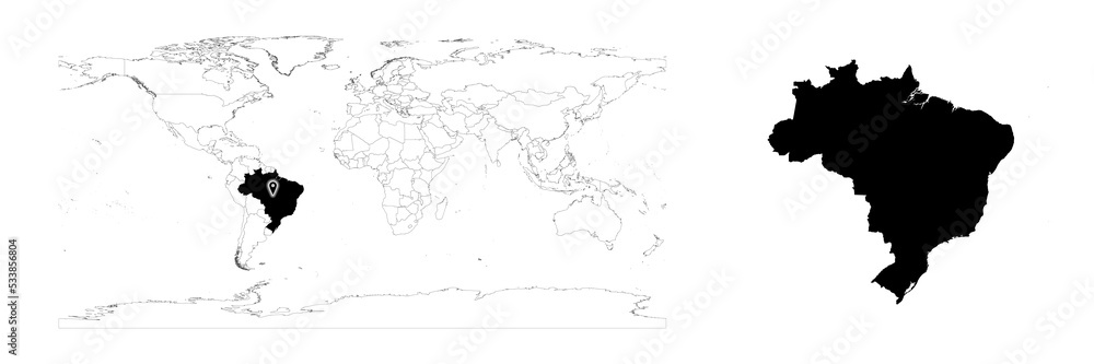 Vector Brazil map showing country location on world map and solid map for Brazil on white background. File is suitable for digital editing and prints of all sizes. Vector Brazil map showing country location on world map and solid map for Brazil on white background. File is suitable for digital editing and prints of all sizes.
