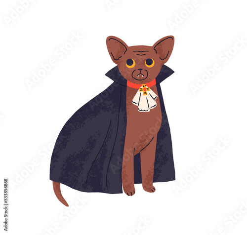 Cute dracula cat in vampire robe, cape. Halloween kitty with fangs. Scary funny feline animal in cloak. Childish flat vector illustration of fairy kitten isolated on white background