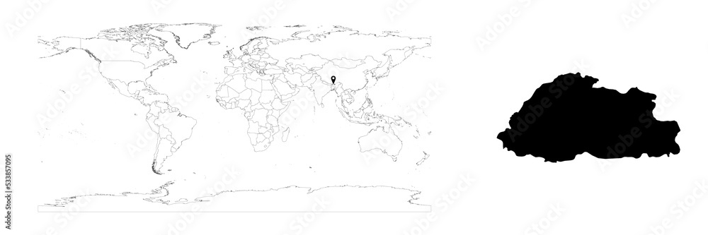 Vector Bhutan map showing country location on world map and solid map for Bhutan on white background. File is suitable for digital editing and prints of all sizes.