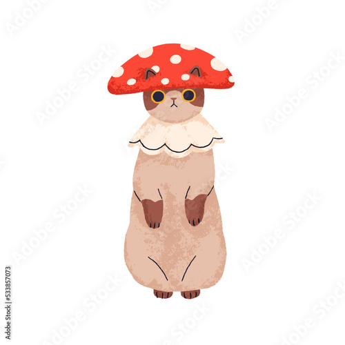 Cute cat in funny costume with mushroom cap. Halloween kitty disguised in fly agaric clothing. Adorable kitten, fairytale feline animal. Flat graphic vector illustration isolated on white background