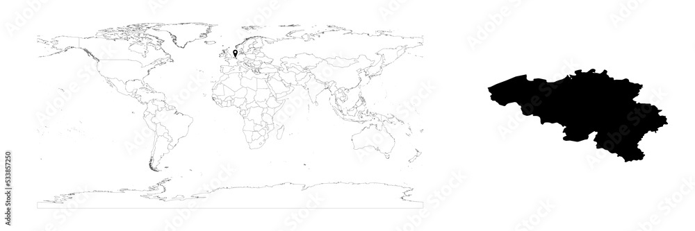 Vector Belgium map showing country location on world map and solid map for Belgium on white background. File is suitable for digital editing and prints of all sizes.