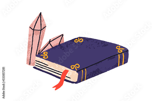 Magic mystic book with mineral crystals. Spiritual esoteric literature and healing diamonds, gem stones for witchcraft, wizardry, divination. Flat vector illustration isolated on white background