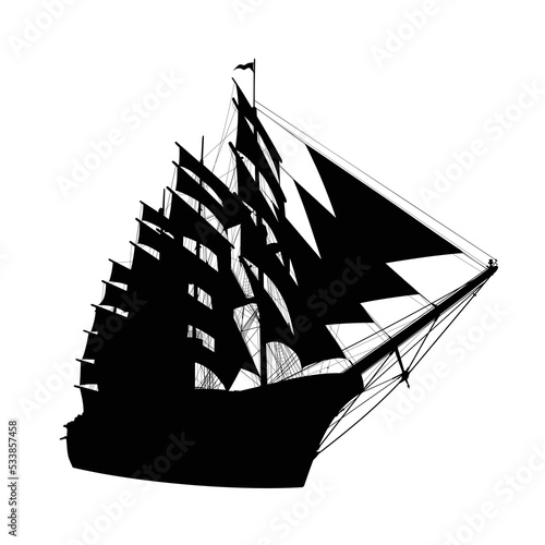 The silhouette of a large sailing ship.