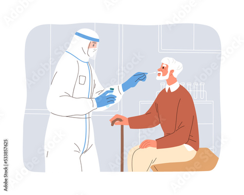 Senior patient during covid-19, coronavirus rapid PCR test. Collecting saliva sample, swab of elderly old man in clinic, laboratory. Flat graphic vector illustration isolated on white background