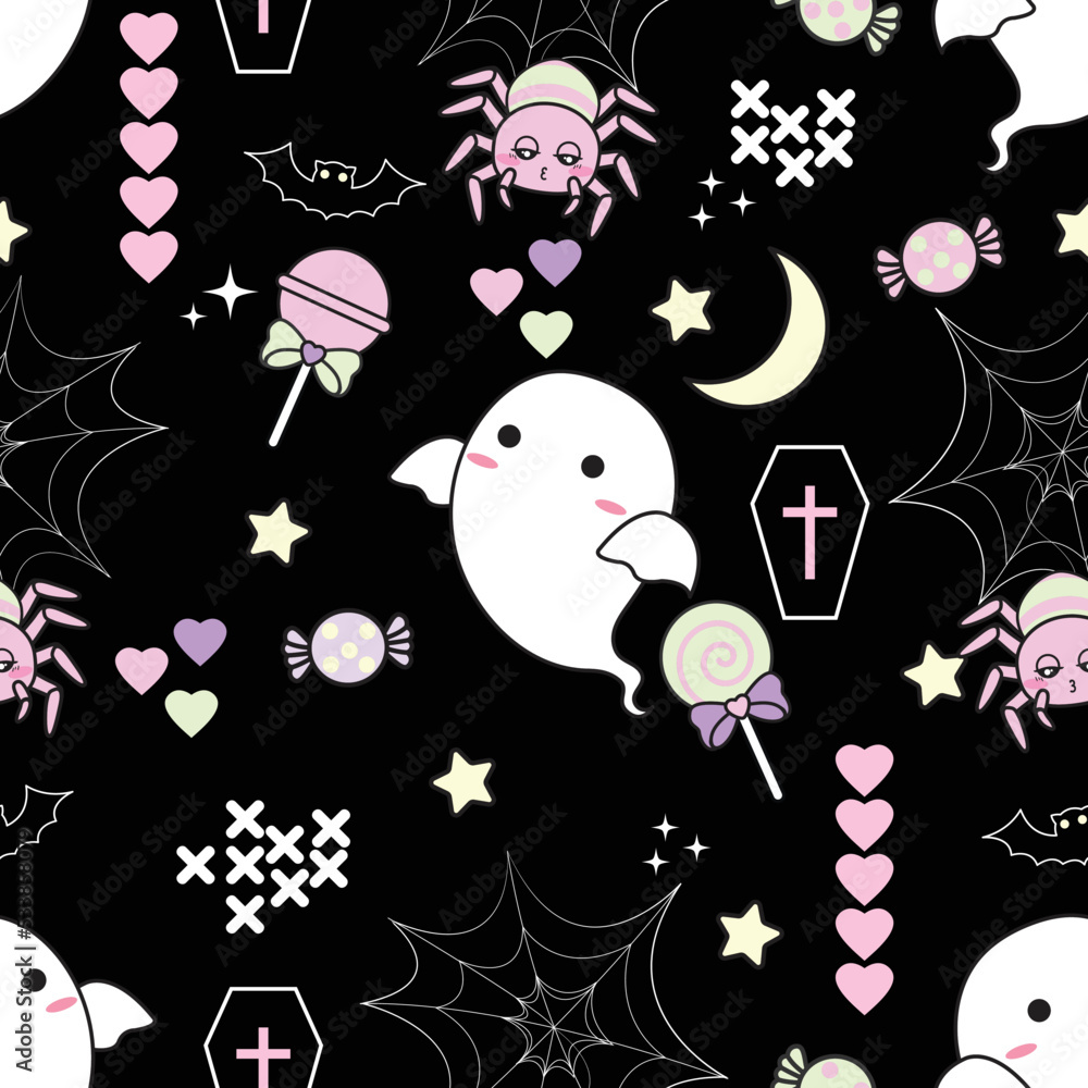 Cute seamless pattern halloween in sweet theme decorate by kawaii halloween items.