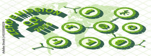 Banner Net Zero zero emissions concept by 2050 long-term strategy for net zero emissions target no toxic gas  3D view top view.  (vector illustration)