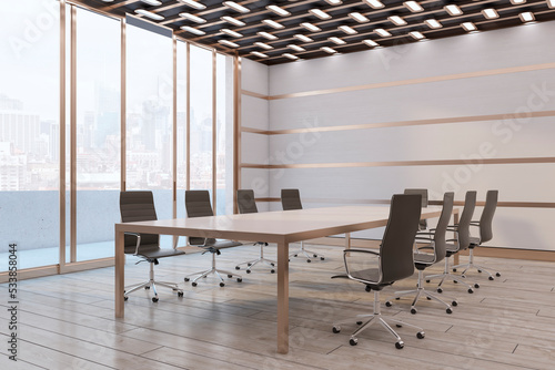 Modern conference room interior with panoramic windows, city view and furniture. Wooden and concrete walls and floor. Commercial workplace concept. 3D Rendering.