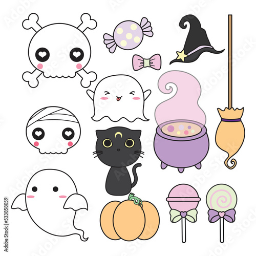 Cute halloween set. Sweet item such as head skull, cute ghost and kawaii decoration.