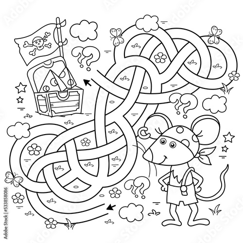 Maze or Labyrinth Game. Puzzle. Tangled road. Coloring Page Outline Of Cartoon little pirate mouse with chest of treasure. Cheese trove. Coloring Book for kids.