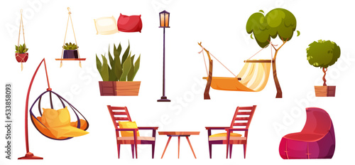 Garden elements isolated set. Furniture, hammock, street lamp, beanbag and suspended armchair, flowers, table with chairs constructor for outdoor cafe or terrace Cartoon vector illustration, icons