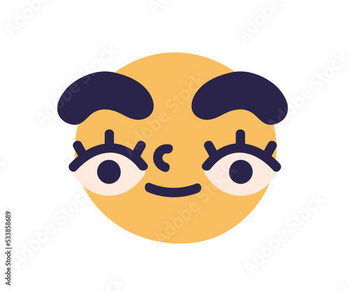 Cute face avatar with funny facial expression, emotion. Smiling positive excited fun emoticon character with big curious interested eyes. Flat graphic vector illustration isolated on white background