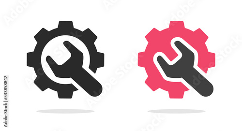 Repair fix help logo icon settings or cog wheel maintenance custom mechanical logotype with wrench and gear shape graphic, execution development engineering service symbol image