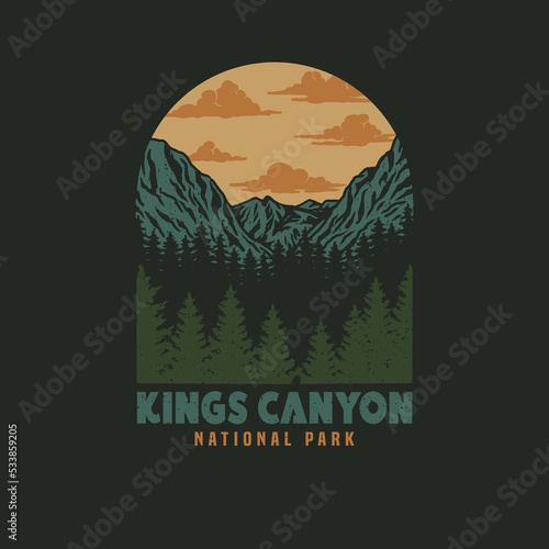 Vector illustration of Kings Canyon National Park, hand drawn line style with digital color