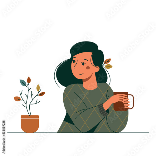 Cute cartoon young woman drinks a coffee or tea. Vector illustration with a nice girl isolated on a white background.
