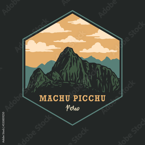 Vector illustration of Machu Picchu, hand drawn line style with digital color
