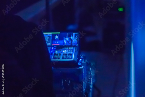 Bilde på lerret Video switcher of Television Broadcast controls dark blue room for director professional technology high performance