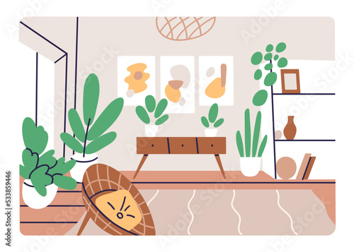 Living room interior design with furniture. Furnished apartment with cozy chair, house plants, chest of drawers, shelf, wall pictures. Inside home lounge, livingroom. Flat vector illustration