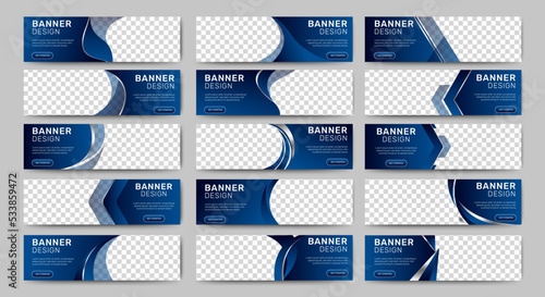 Big set of blue horizontal business banner templates. Modern technology design, abstract background layout with photos. Editable Vector collection corporate banner.