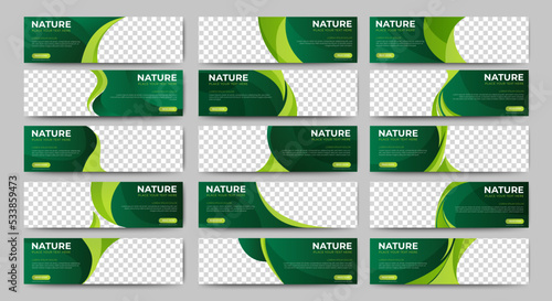 Big set of green horizontal nature banner templates. Modern ecology design, abstract background layout with photos. Editable vector collection corporate banner.