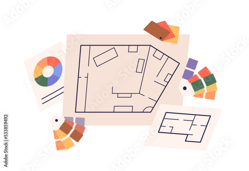 Apartment floor plan, layout and color wheels, palettes. House interior drawi...