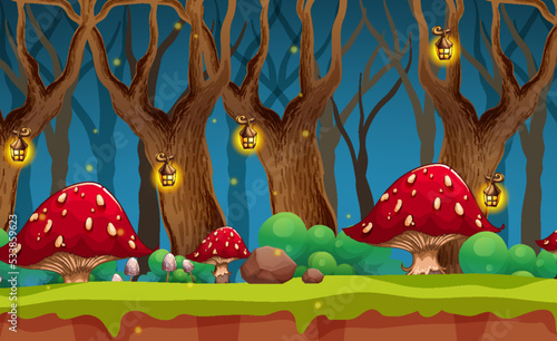 Fantasy fairy forest with red mushrooms