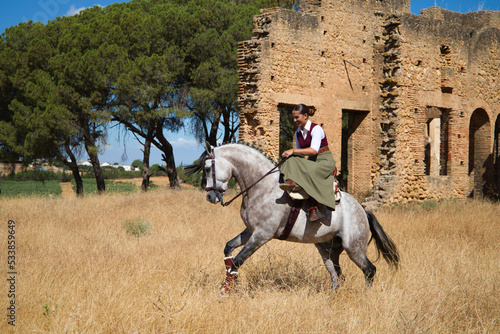 Young, beautiful Spanish woman on a brown horse in the countryside. The horse raises its front legs. She is doing dressage exercises. Thoroughbred and equine concept. © @skuder_photographer