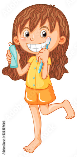 Cute girl cartoon character brushing teeth