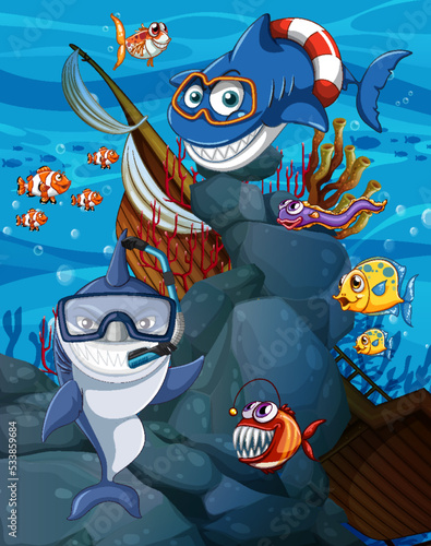 Shark cartoon character underwater scene